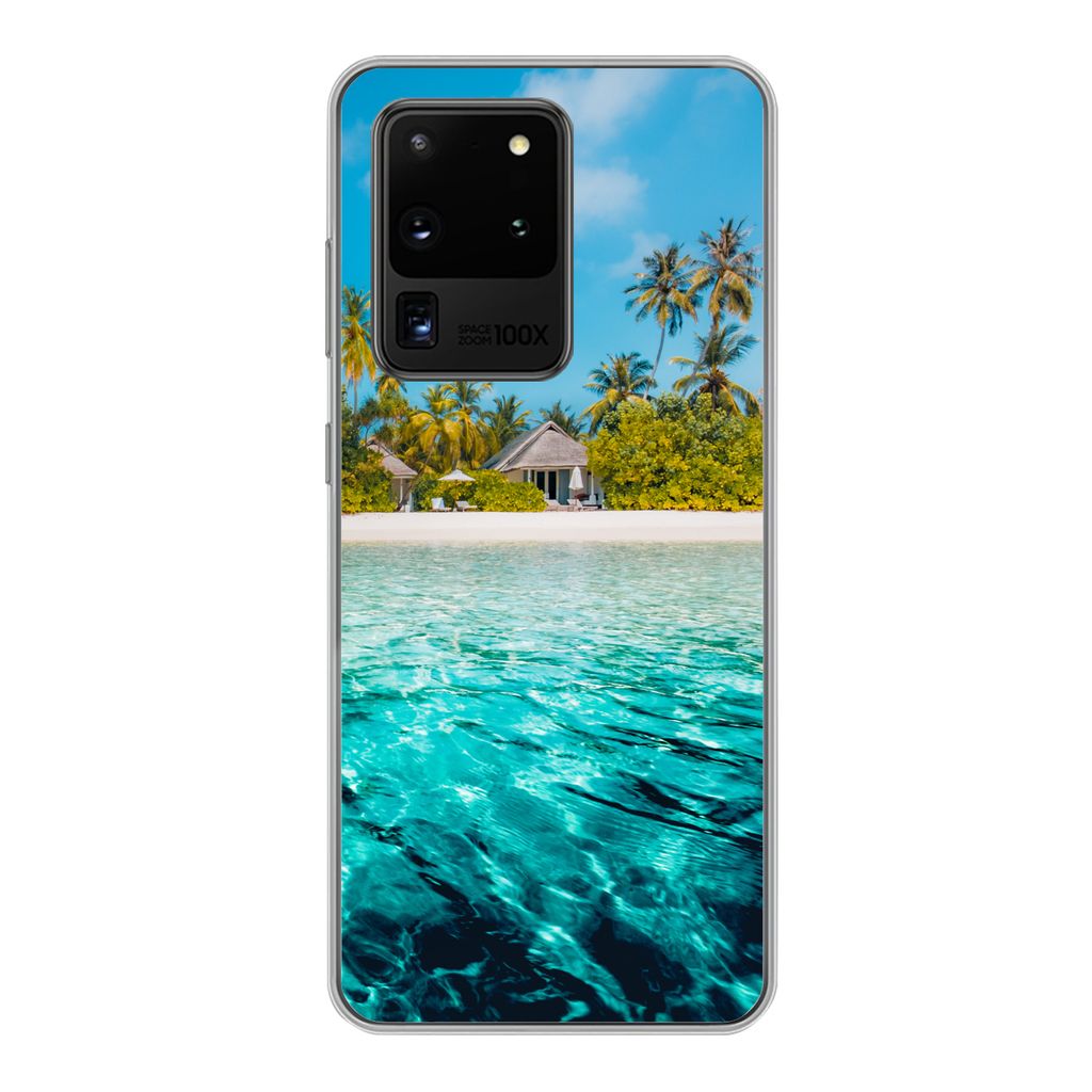 MuchoWow Handyhülle Schutzhülle Hülle für Samsung Galaxy S20 Ultra Strand - Palmen - Meer Silikon Softcase Handy Hülle - Karteninhaber