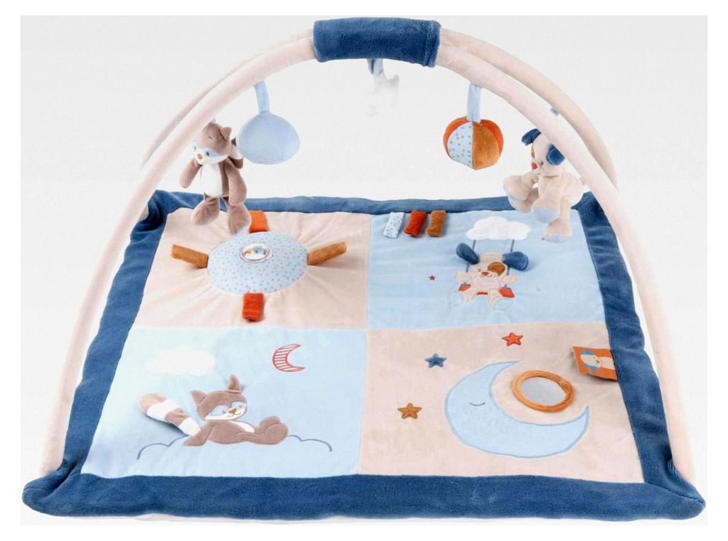 Krabbeldecke mit Spielbogen, Hund und Waschbär, 74 x 68 x 45 cm, Jim und Bob, Blau/Beige/Orange