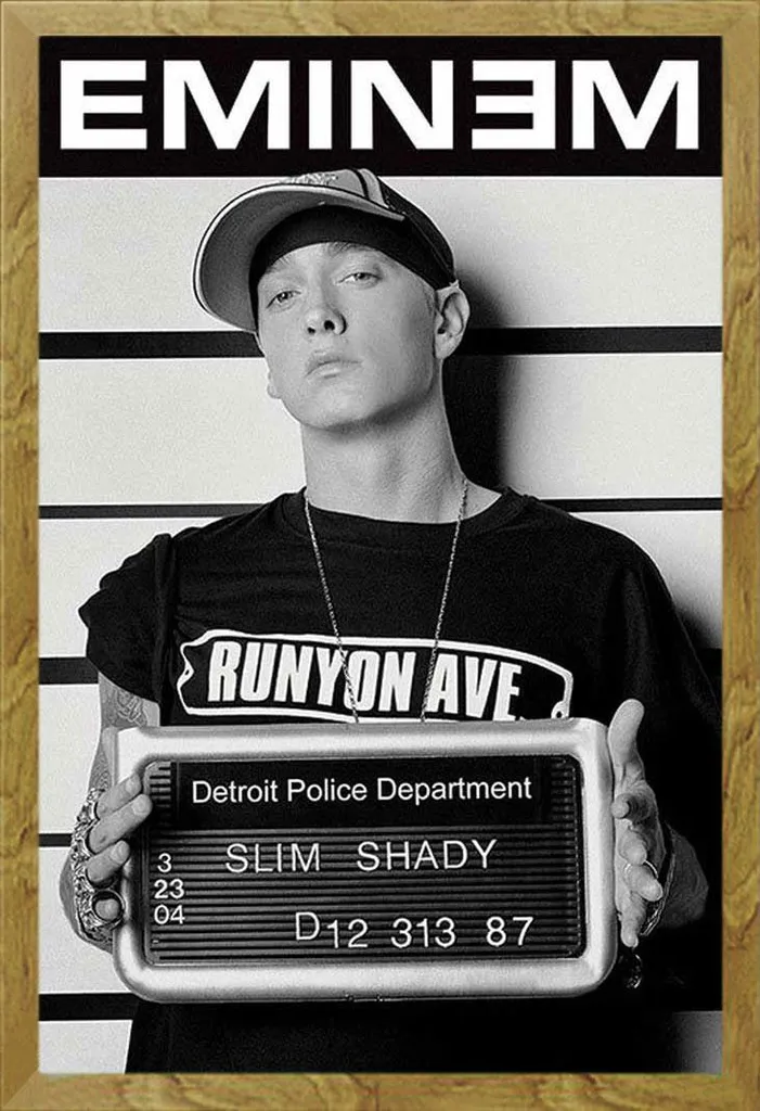 Tableau Eminem Mugshot Cadeau Idéal Fan de Rap avec Cadre Bois Chêne