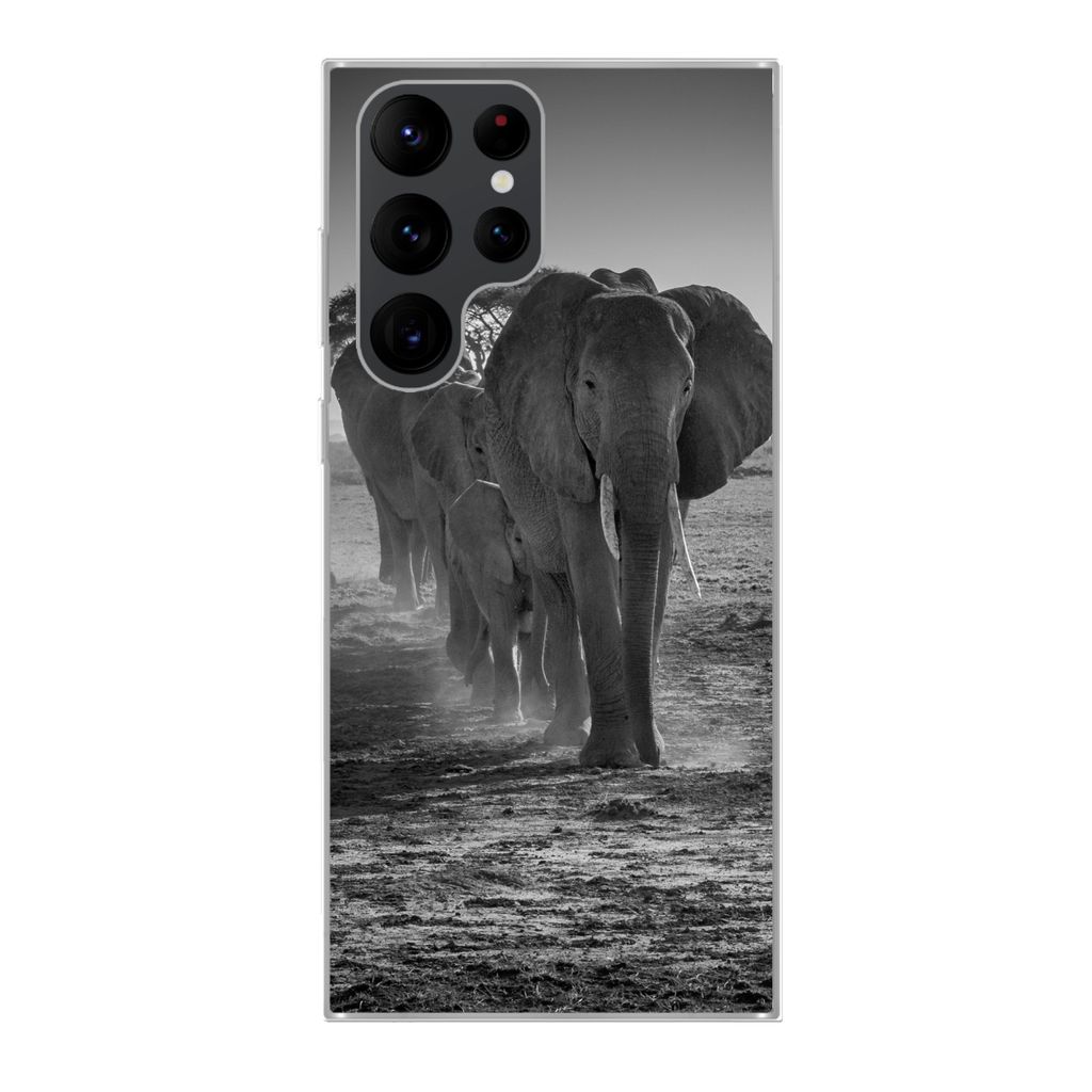 MuchoWow Handyhülle Schutzhülle Hülle für Samsung Galaxy S22 Ultra Elefant - Einfarbig - Tiere - Schwarz - Weiß Silikon Softcase Handy Hüll...
