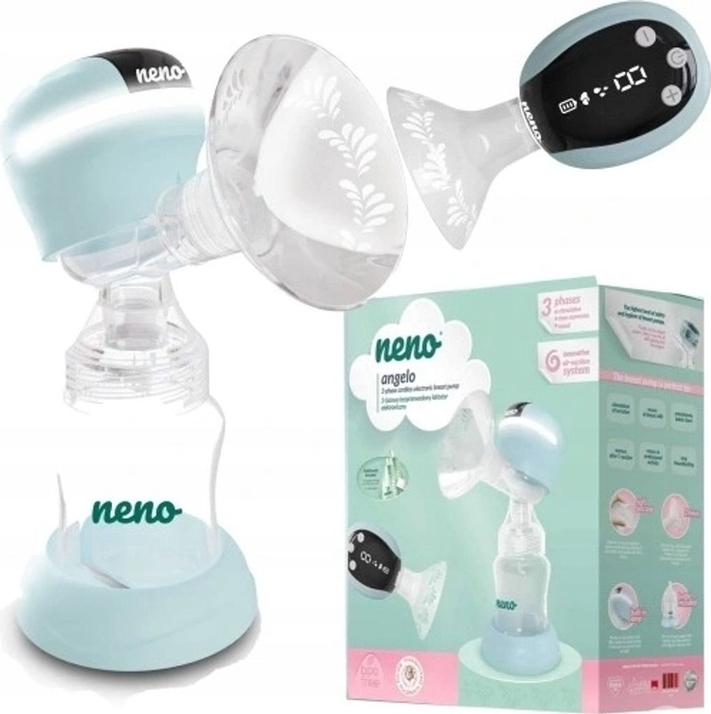 A collage of a Neno Angelo electric breast pump and its packaging, showing different angles and features.