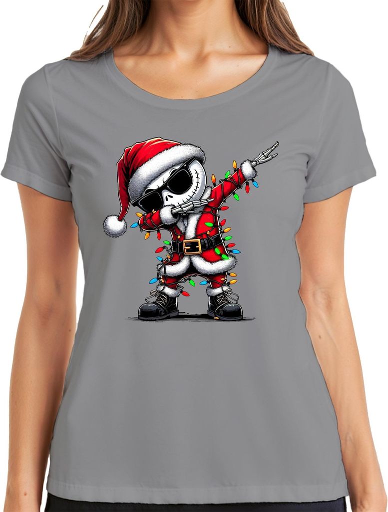 Dabbing Skelett Jack Skellington Weihnachtsmann Lichterkette Damen T-Shirt, Grau, XL