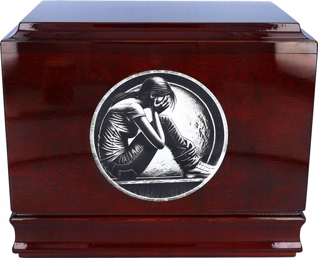 Holzurne Mit Einer Weinenden Frau. Thematische Nostalgie-Urne