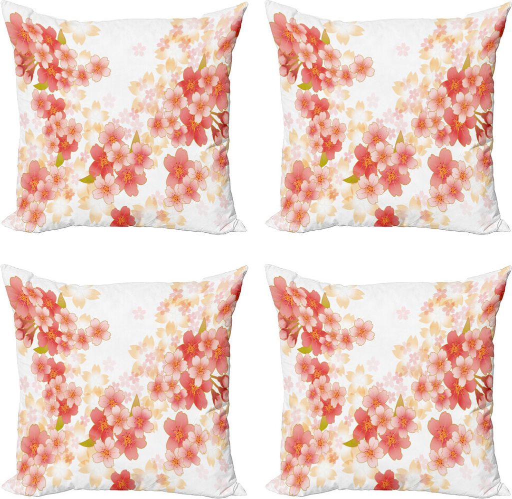 ABAKUHAUS Blumen Kissenbezug Set (4 Stück), Vibrant Sakura Blumen, Moderner Doppelseitiger Digitaldruck, 60 cm x 60 cm, Coral Dunkel Coral Gelb
