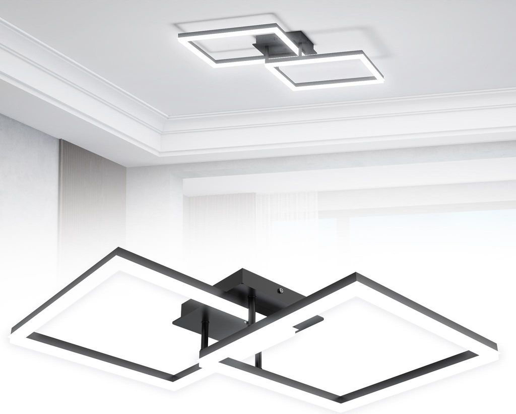A modern geometric LED ceiling light fixture with multiple square frames, shown mounted on a white ceiling.