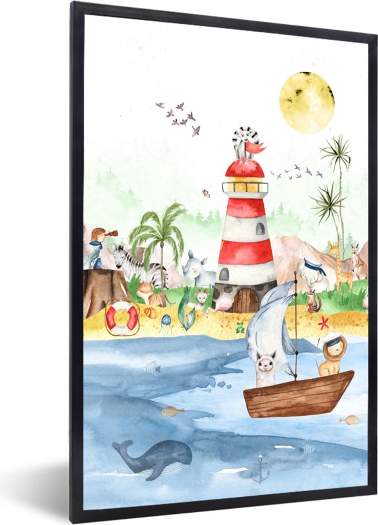 MuchoWow Gerahmtes Poster Strand - Tiere - Kinder - Leuchtturm - Jungen 40x60 cm - Poster mit Schwarzem Bilderrahmen Wandposter Rahmen Foto Bilde...