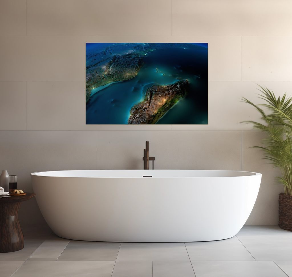 Wallario wasserfestes Poster selbstklebend 91,50 x 61 cm, Blick auf die Erde bei Nacht, Badezimmerposter Spritzschutz mit Hochglanzoberfläche...