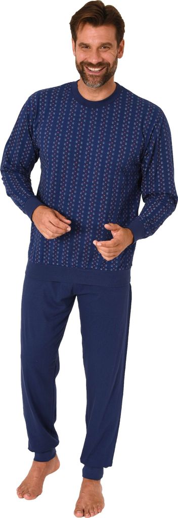 Herren langarm Schlafanzug mit Bündchen Pyjama in eleganter Minimalprint Optik ; navy , 50