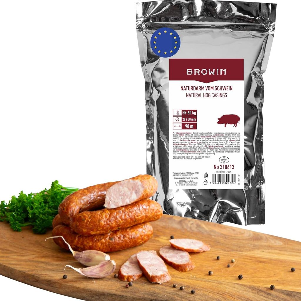 A package of natural hog casings is shown next to a wooden board with sausages, garlic, and parsley.