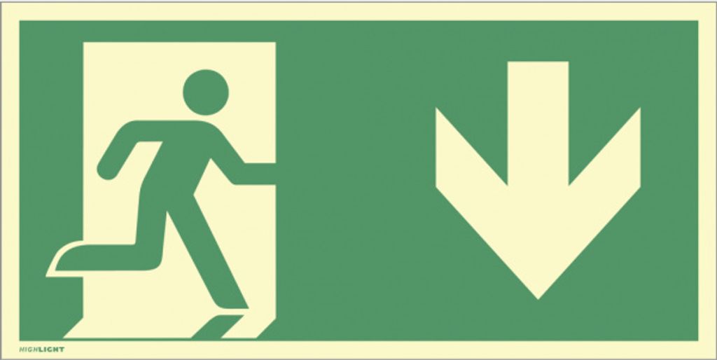 Dreifke Notausgang rechts Pfeil unten, ISO 7010, Folie, nachleucht., 160-mcd...