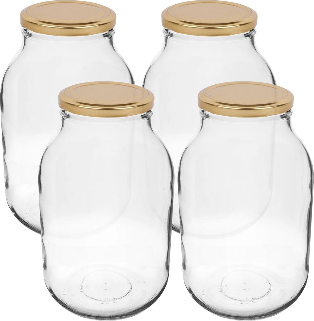 MIKONI Gurkenglas | 3 Liter | Gold Deckel | 4 Stück | Einweckgläser Einmachgläser Vorratsgläser Einmachglas Glas Konservenglas mit Schraubdeckel