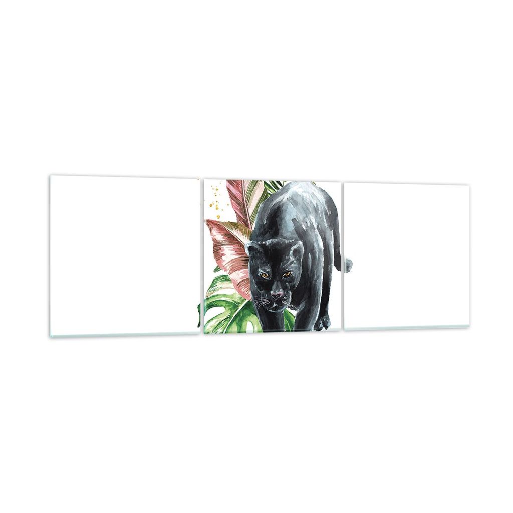 Bilder auf glas - 3 Teile - Schwarz Panther Blätter - 150x50cm - Glasbilder - Wandbilder - Bilder - zum Aufhängen bereit - Wanddekoration aus Gla...