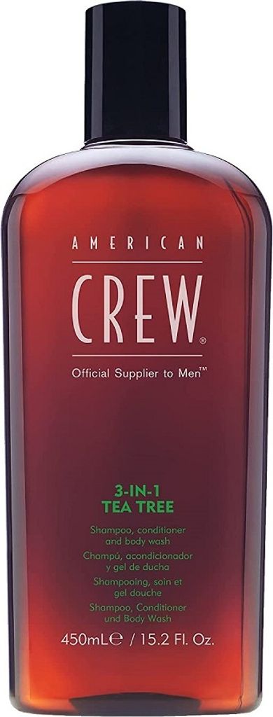 American Crew 3-in-1 Tea Tree Shampoo, Conditioner und ein Produktbild 