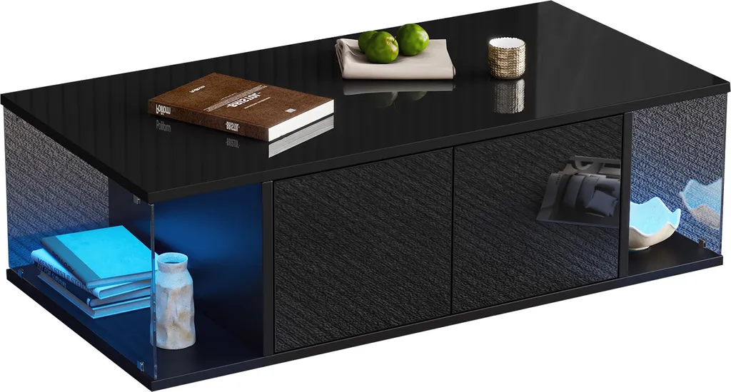 Table Basse Design Noire pour Salon Moderne, Rangement et LED 100cm - 10