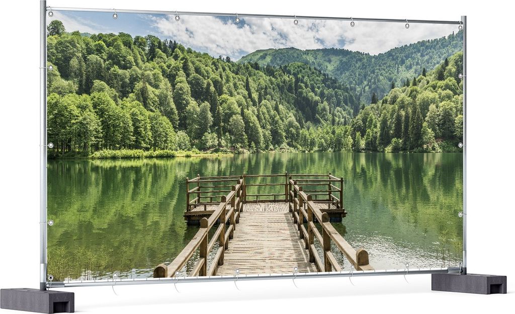 Wallario XXL Outdoor-Poster für Garten oder Balkon, Motiv Steg am See in den Bergen, in ca. 340 x 173 cm