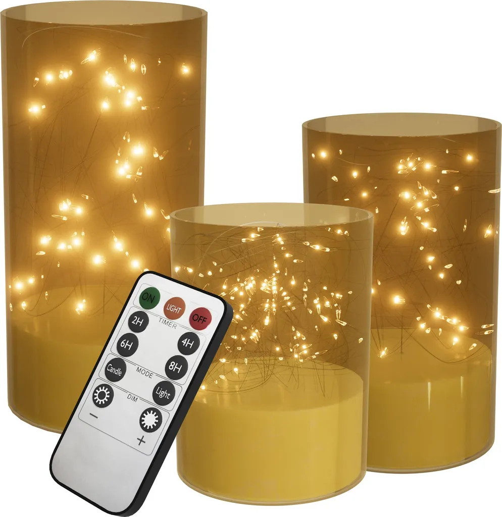 YUENFONG Candele LED tremolanti con luci fatate da incasso Candele senza fiamma con telecomando Candele a batteria per la decorazione natalizia Decorazione della casa, tipo C (oro, set di 3)