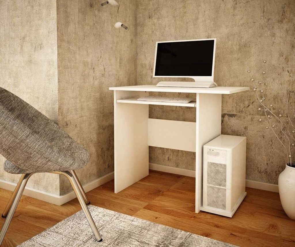 MATKAM kleiner PC-Schreibtisch aus Holz B5 H 74x B 80 x T 50 cm, ausziehbare Ablage für Tastatur, Ablagebrett für Rechner (Weiß)