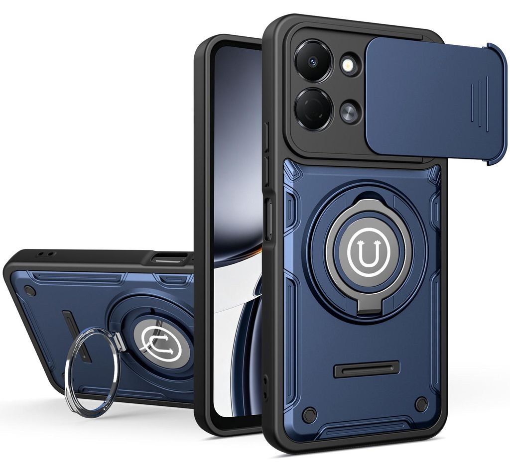 Magnetische Handyhülle für Tecno Spark Go 3 mit Kameraschutz Schieber, Ringhalter und Ständer, Stoßfeste Hülle Blau