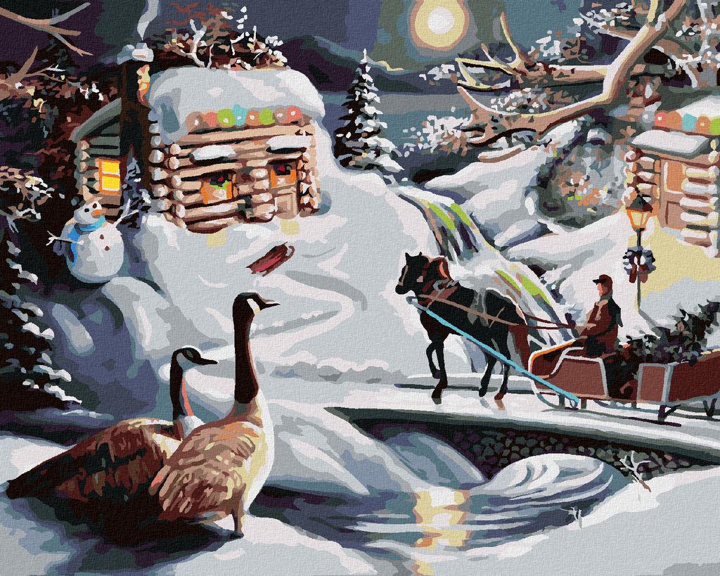 Zuty - Malen nach Zahlen - WEIHNACHTSMANN, SCHNEEMANN, SCHLITTEN UND ENTEN IM WINTER (D. RUSTY RUST), 40x50 cm, mit Keilrahmen (bereits gespannt)