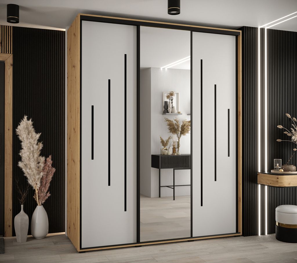Kleiderschrank ASIRI 13 - 200/60 cm, Eiche handwerklich / weiß / schwarz