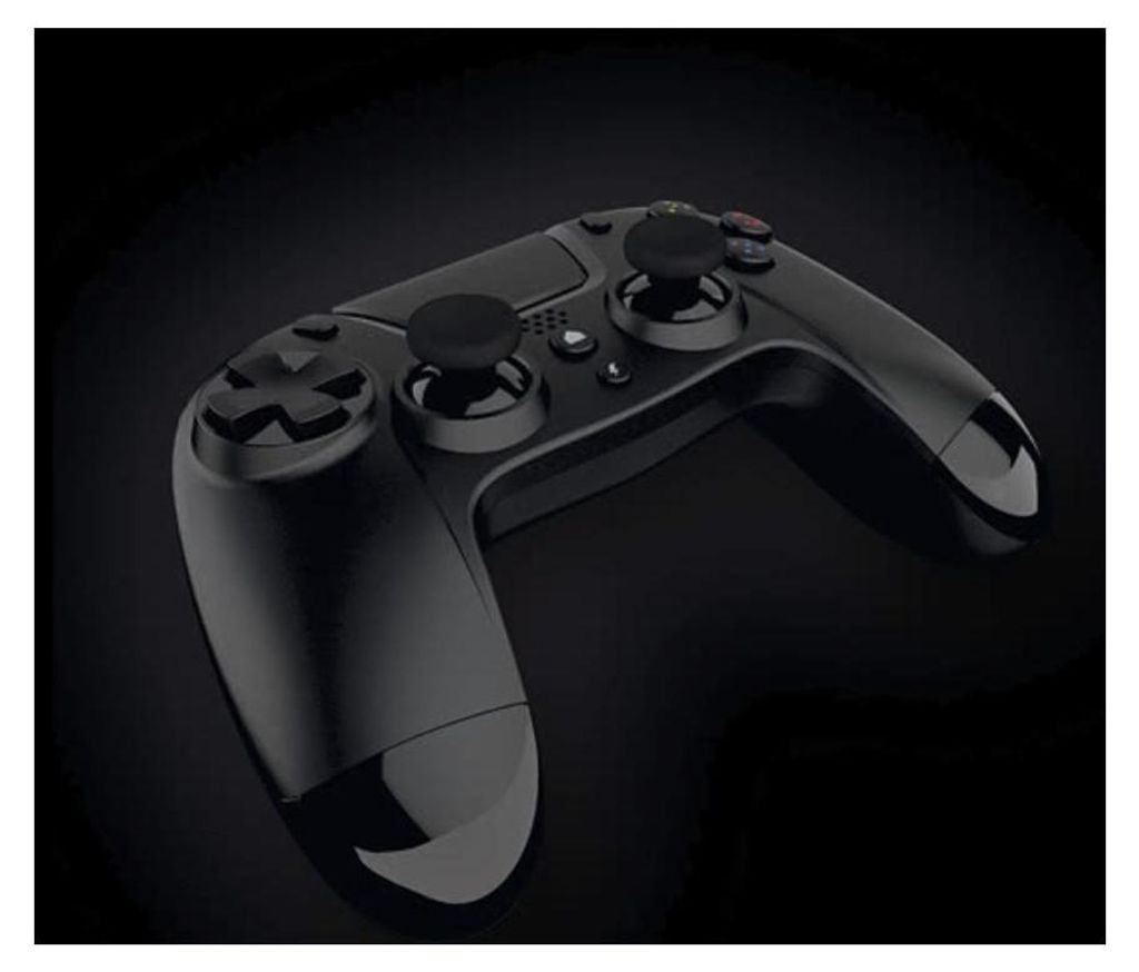 A black video game controller is shown against a black background.