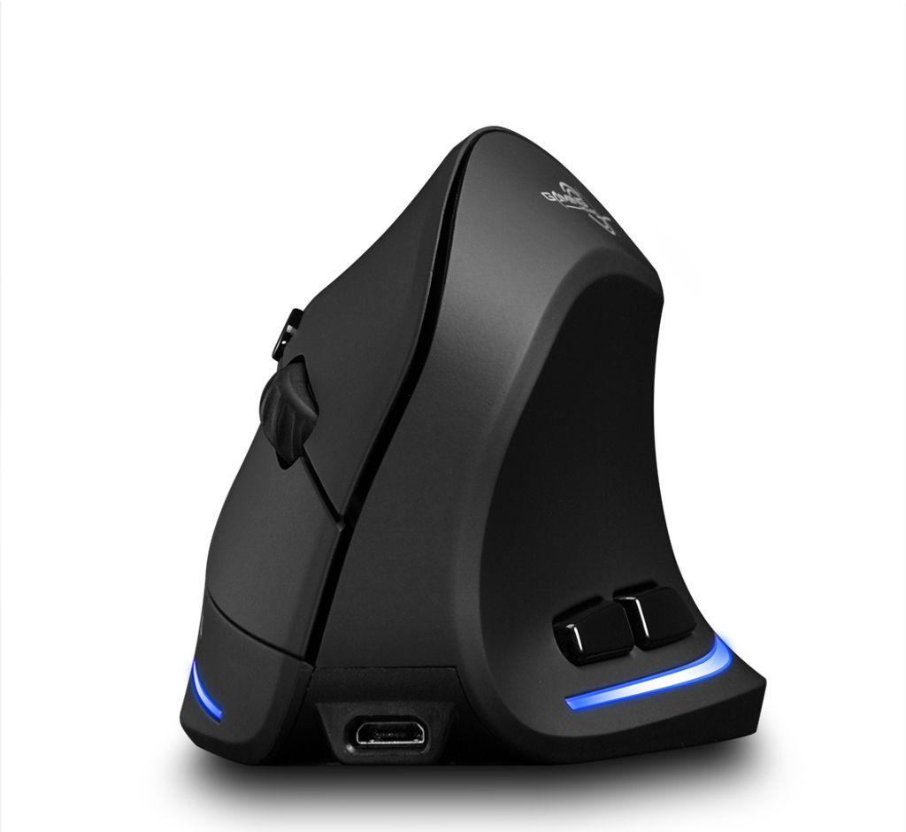 A black vertical gaming mouse with blue LED accents is shown against a white background.