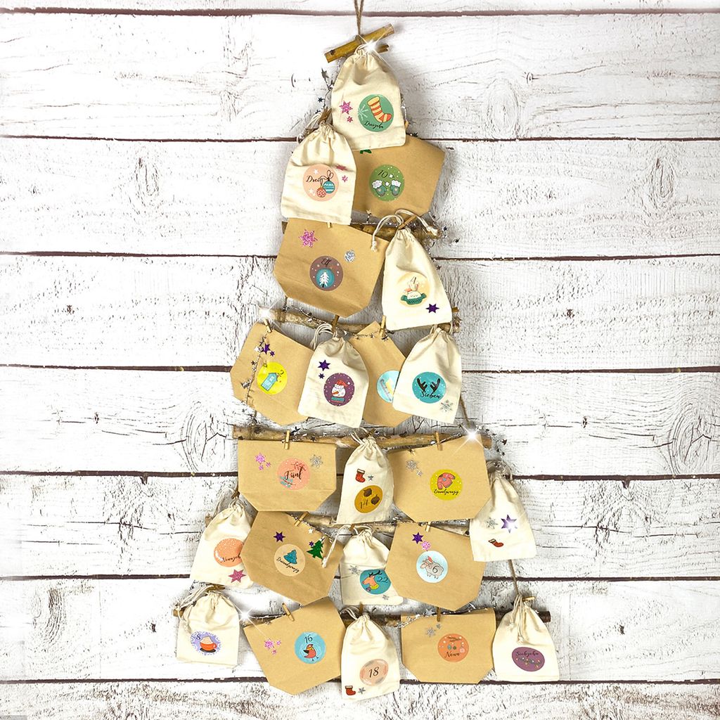 Oblique Unique DIY Adventskalender Set - 12 Kraftpapier Tüten + 12 Baumwollsäckchen + 24 Zahlen Sticker uvm. für Weihnachten Advent Deko
