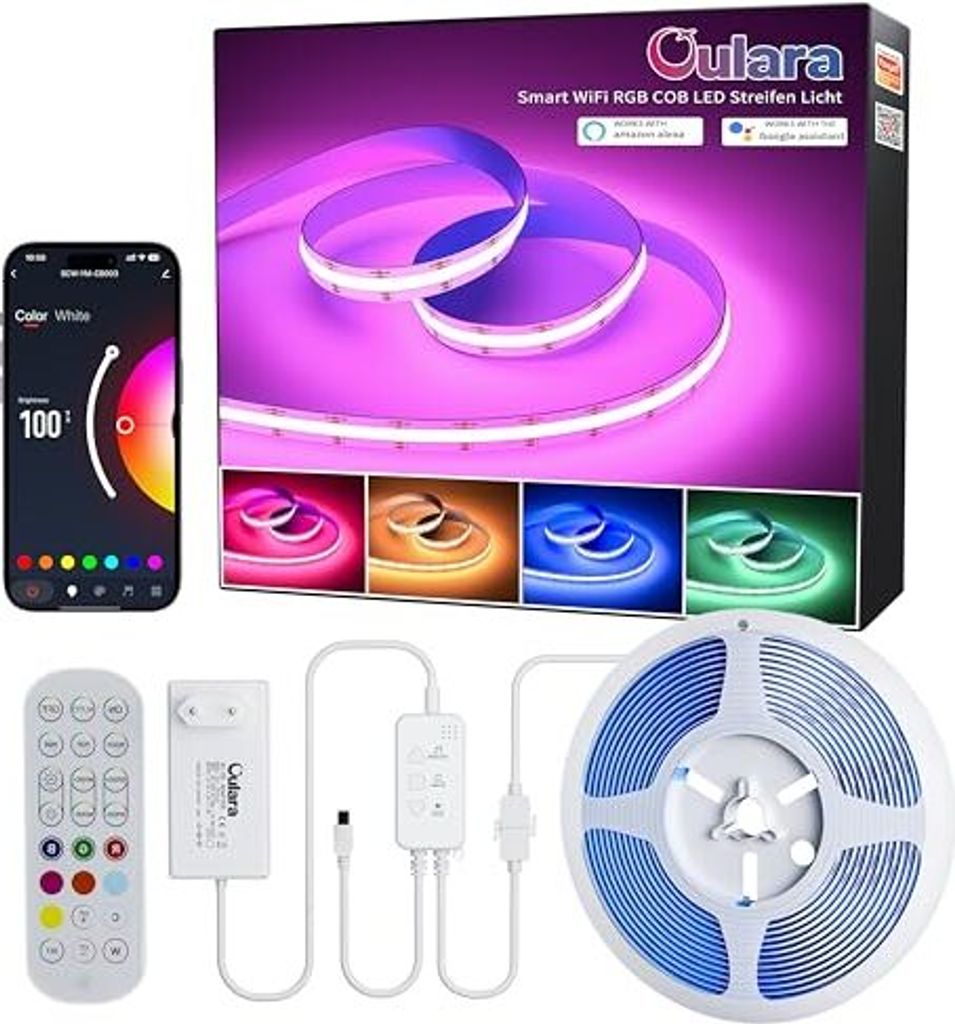 Oulara WiFi RGB COB LED -Streifen 6 m, Farbwechsel dimmbare Licht DC24 V, Smart Works Tuya/Alexa/Google -Assistent, mehrfarbiger flexibler Fernseher,