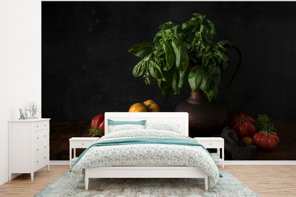 MuchoWow Fototapete für Wohnzimmer oder Schlafzimmer Wandtapete Vinyl Motivtapete Stilleben - Tomaten - Basilikum - Gemälde - Gemüse - Schwarz...
