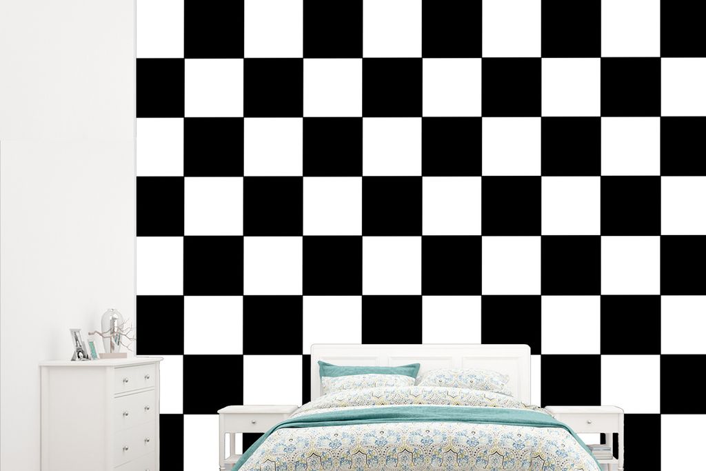 MuchoWow Fototapete für Wohnzimmer oder Schlafzimmer Wandtapete Vinyl Motivtapete Schachbrett - Muster - Schwarz und Weiß - 265x220 cm - Die K...