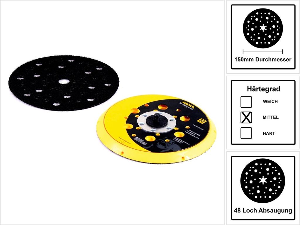 A black sanding pad and a yellow sanding pad with a central attachment are shown against a white background. To the right are three informational graphics detailing product specifications.