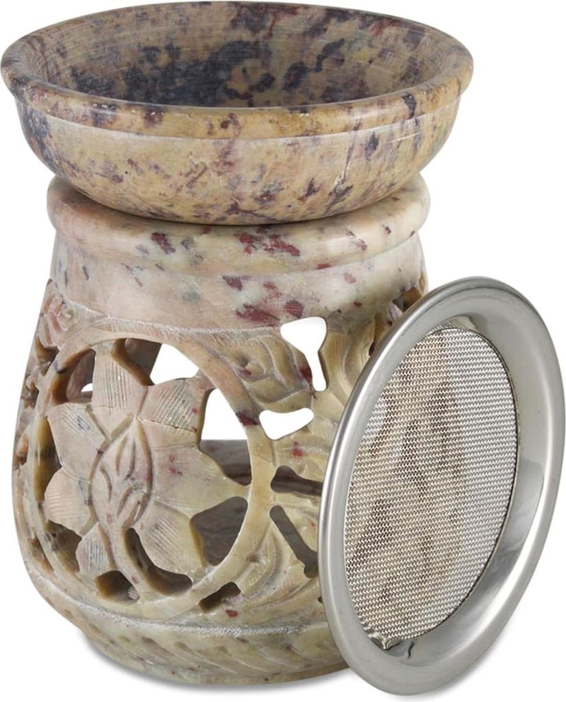 Räuchergefäß aus Speckstein mit Sieb - Blumen Blätter Sieb - Teelicht Räucherstövchen 15721 - 75 x 10 cm Räucherbrenner mit Sieb
