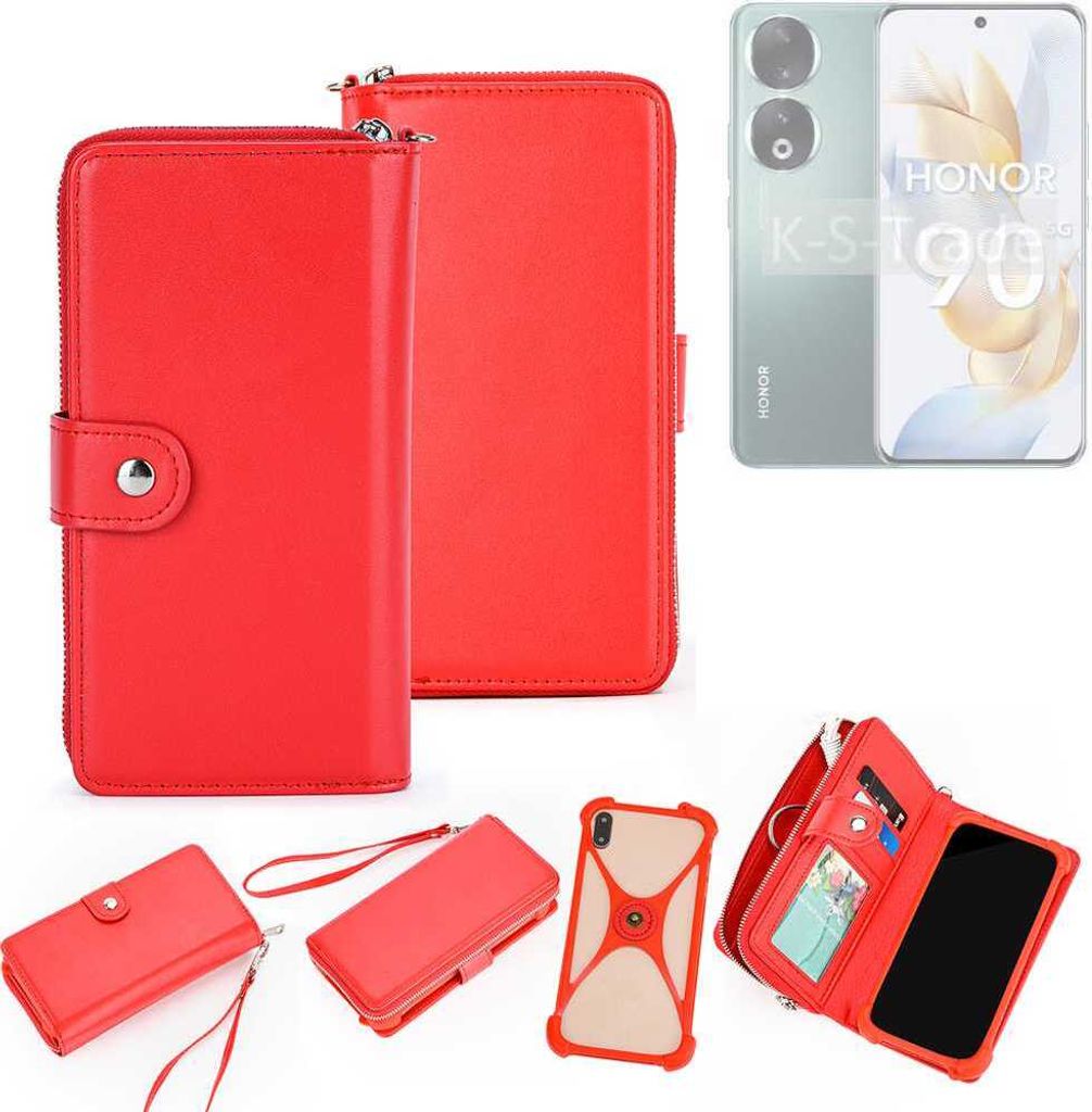 K-S-Trade 2in1 Schutzhülle Portemonnee Handyhülle mit Bumper kompatibel mit Honor 90 Pro Hülle Case Etui Geldbörse Smartphone rot (1x)