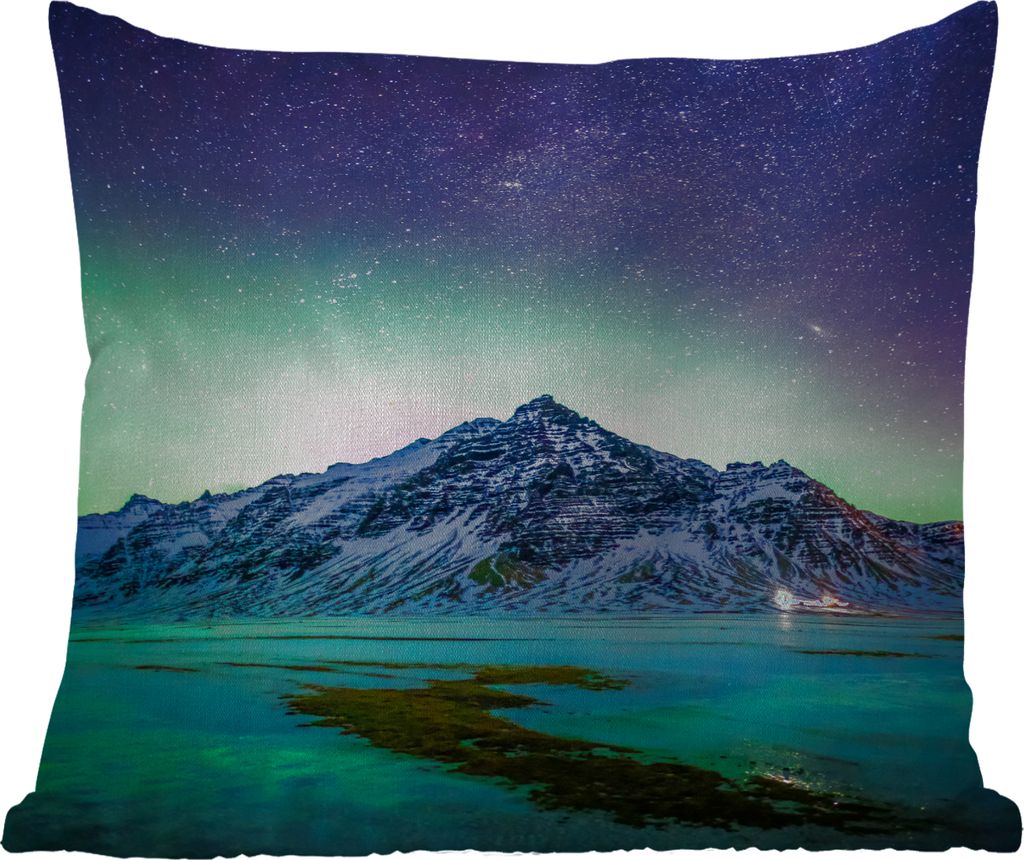 MuchoWow Outdoor Kissen - Berg - Nordlichter - Schweden - Schnee - Grün - Winter - 50x50 cm - Wetterfest - Lounge Kissen - Komfortabel - Kissen ...