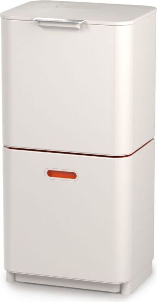 A white two-tiered trash can with an orange accent.