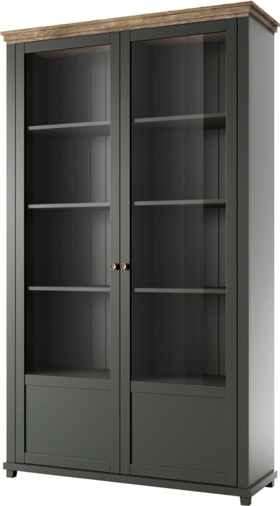 Vitrinenschrank grün Landhaus EPSOM-83 mit Lefkas Eiche Nb. Knopfgriffe Messing, B/H/T: ca. 126/200/42 cm
