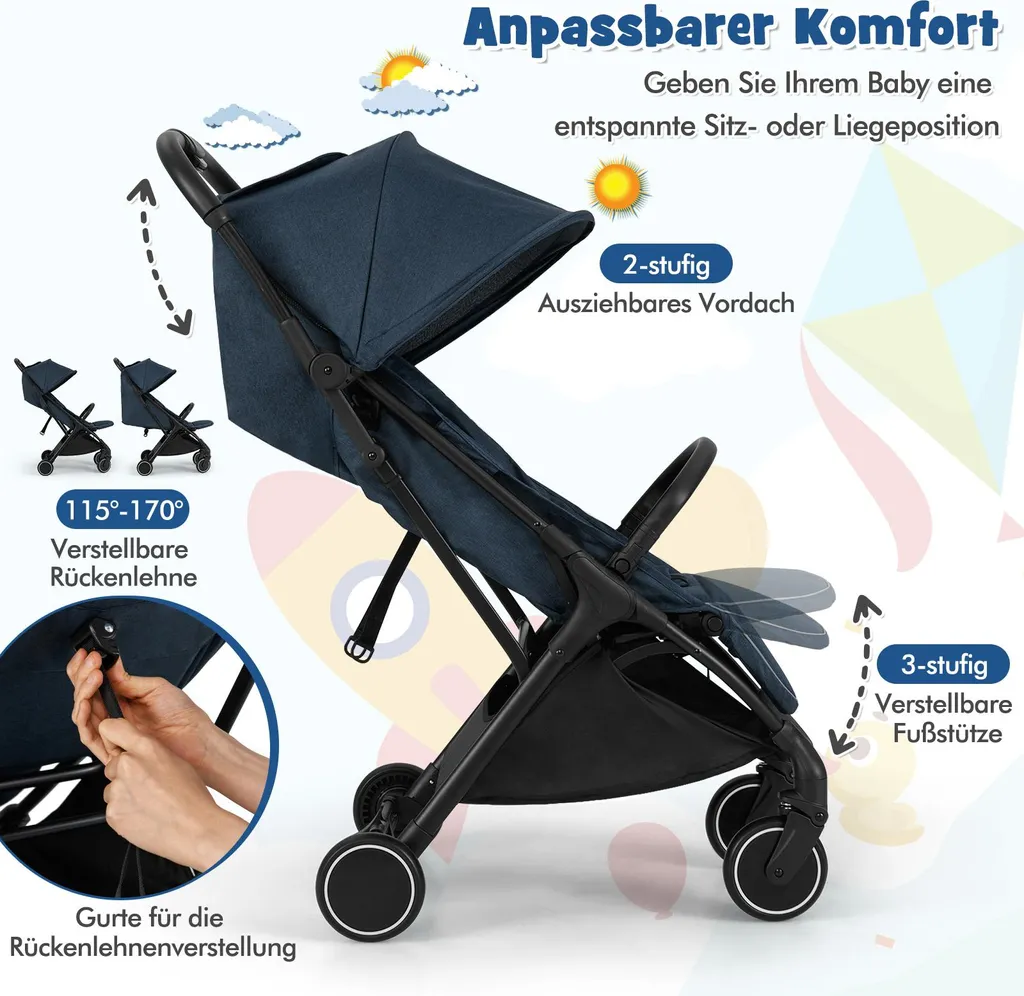 Poussette Enfant Légère avec Dossier Réglable et Repose-pieds - Bleu