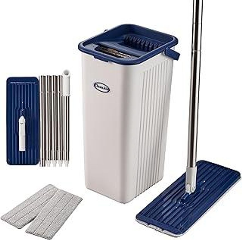 Formosa 2 Wischmopp Set + Doppelkammer-Eimer | Flachmopp 360° Drehgelenk | Mikrofaser Wischpads (2 Stück) | Auswringfunktion ohne Hände | Bodenw...