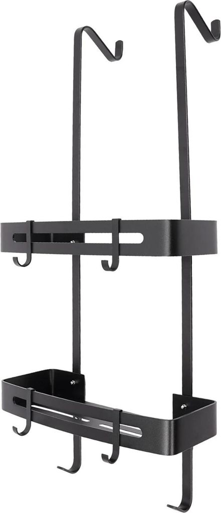 Duschablage - Hängender Duschkorb - Ohne Bohren - Über Tür bis 5 cm - 2 Ebenen - 6 Haken (4 beweglich) - 32,5×12,5×73 cm - Aluminium - Schwarz