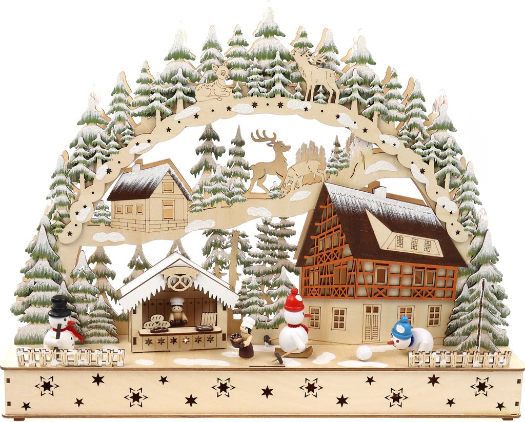 3D Schwibbogen Lichterbogen Holzschnitt Winterdorf und Produktbild 