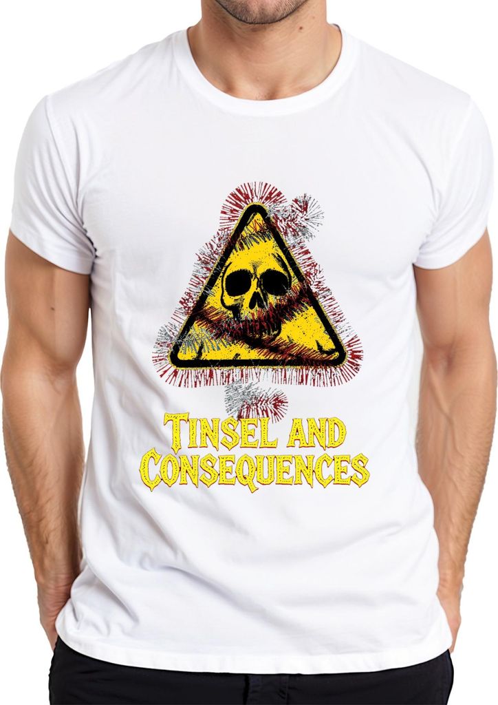Tinsel and Consequences Totenkopf Lametta Warnschild Weihnachten Herren T-Shirt, Weiß, L