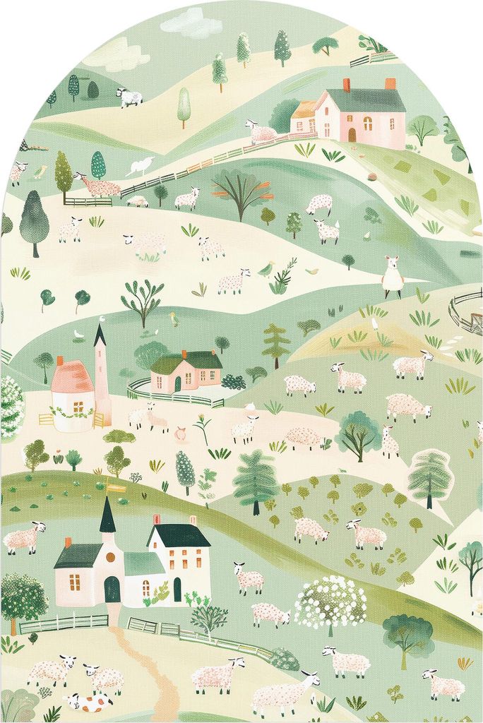 DEQORI Fototapete Rundbogen 120x180 cm 'Frühling auf dem Land' Wand Tapete Sticker