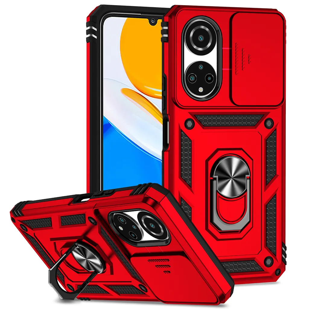 Custodia per Honor X7 a doppio strato con copertura scorrevole della fotocamera e supporto ad anello rosso