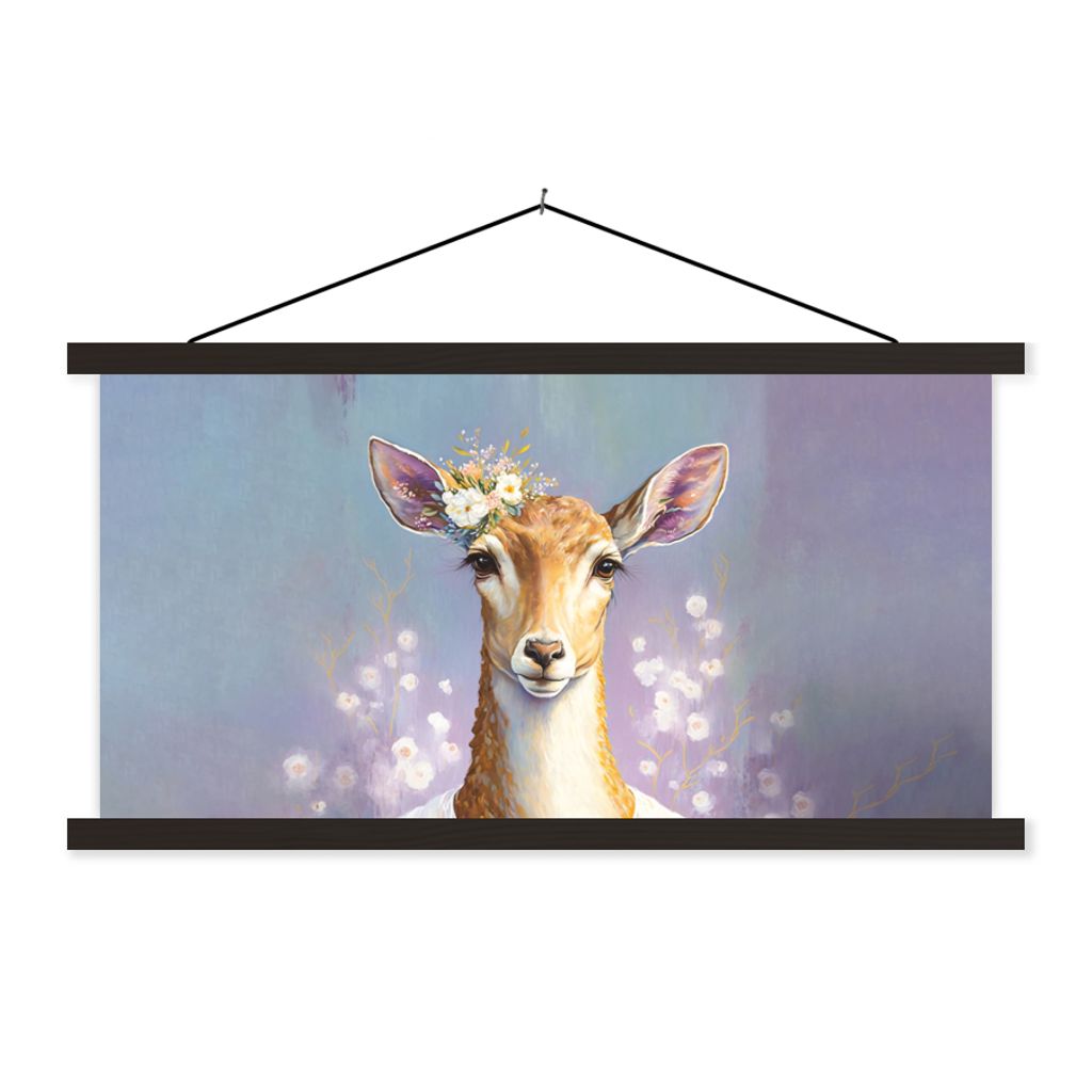 MuchoWow Textilposter Hirsche - Blumen - Gemälde - Porträt - Tiere 120x60 cm mit schwarzem Rahmen - Dekoration Schlafzimmer