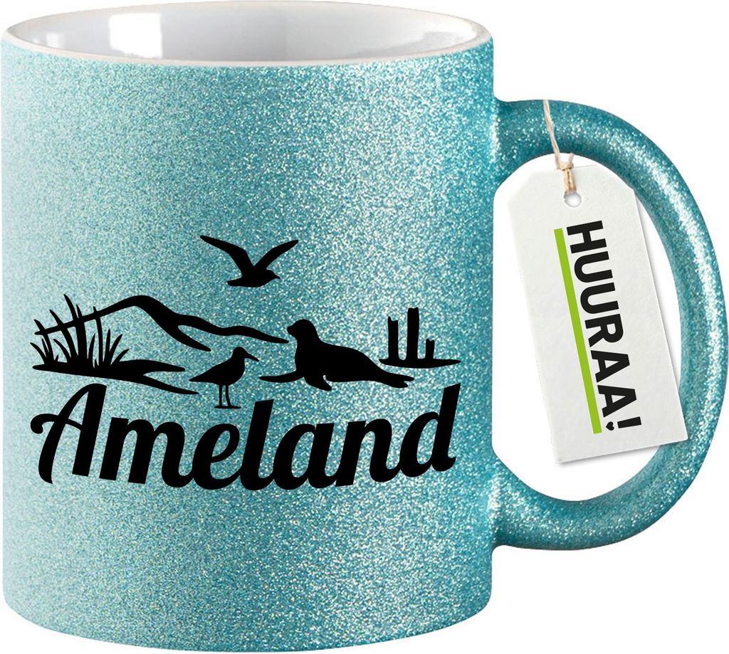 Huuraa Glitzertasse Ameland Niederlande 330ml Blau Keramik Kaffeebecher Geschenkidee