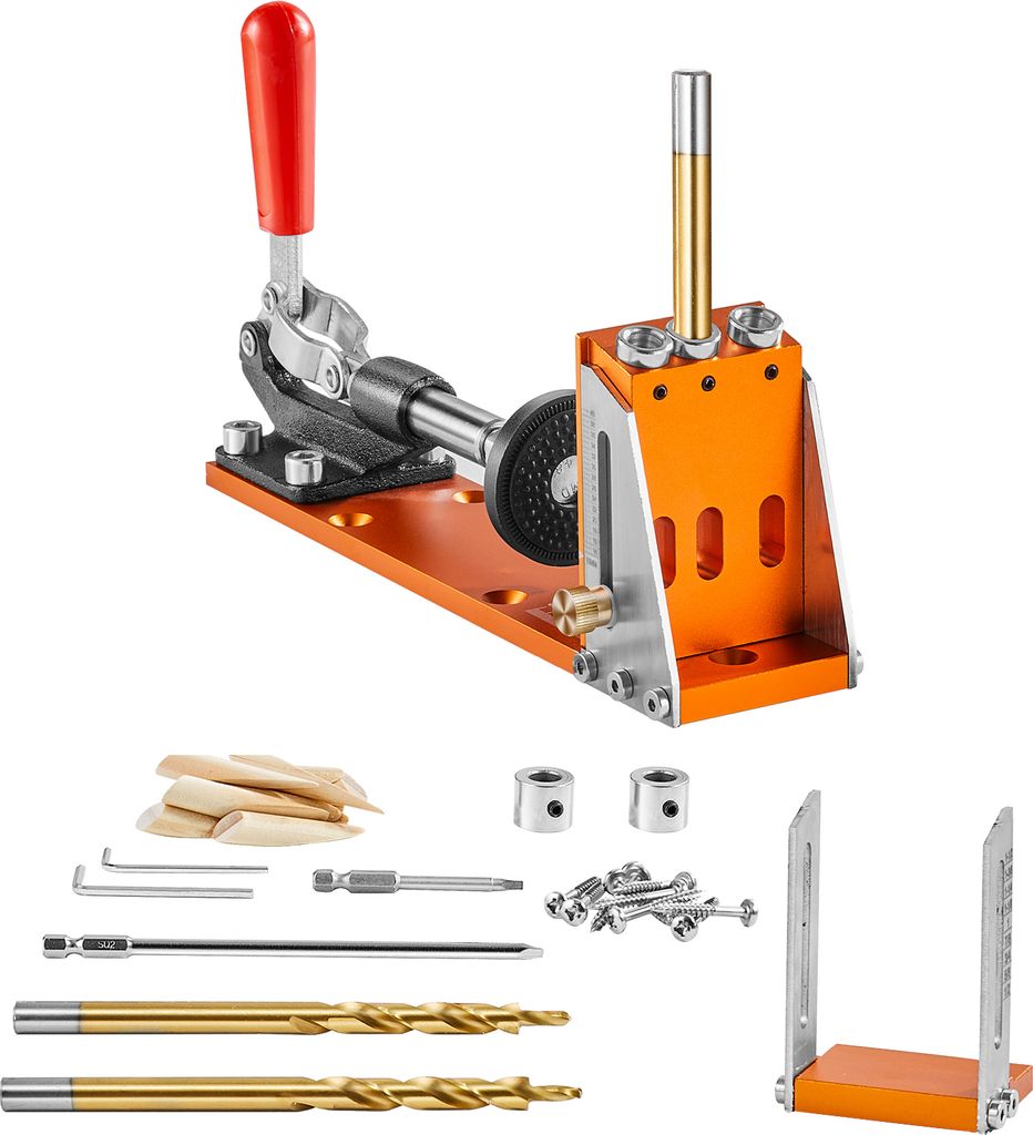 A woodworking jig and its accessories are displayed against a white background.