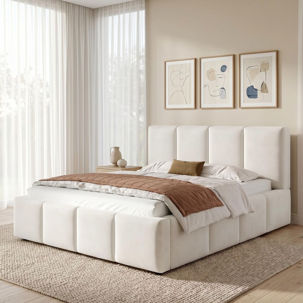 Lit tapissier 180x200 cm, couleur beige, avec revêtement en Image du produit 