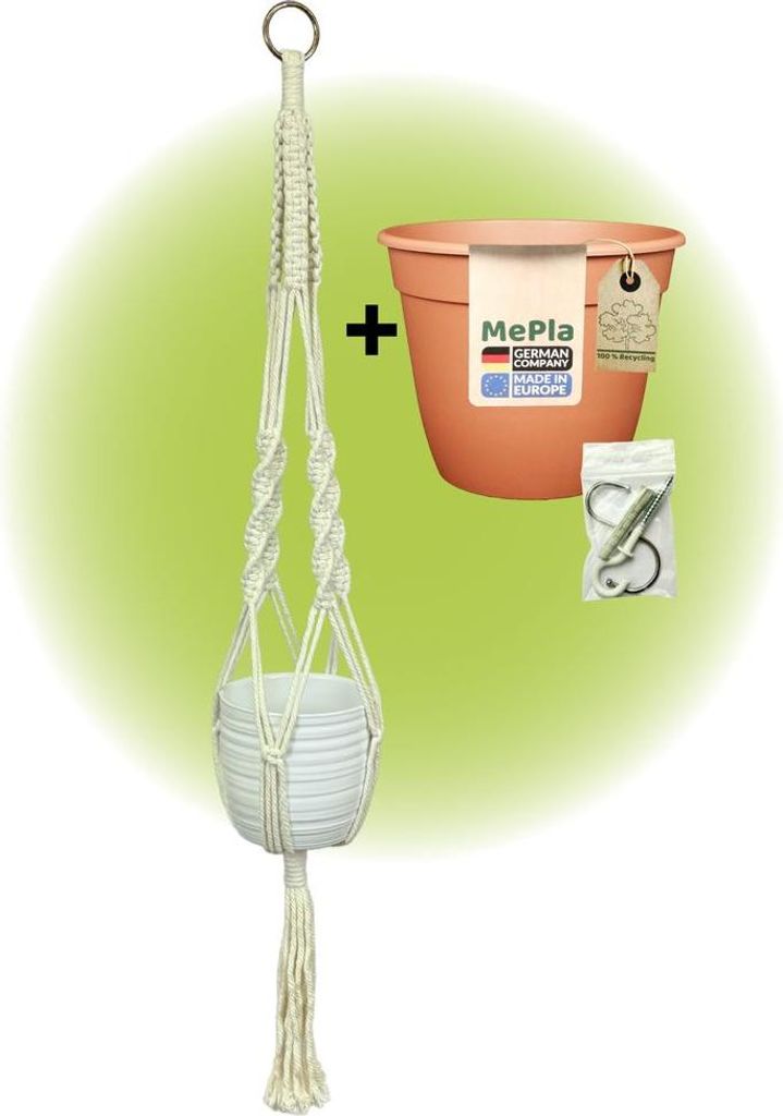 MePla - Set - Ampel Makramee Naturbeige - Bergamo ø13 Weiss + Pflanztopf ø12 + Beipack-Set 21550-001