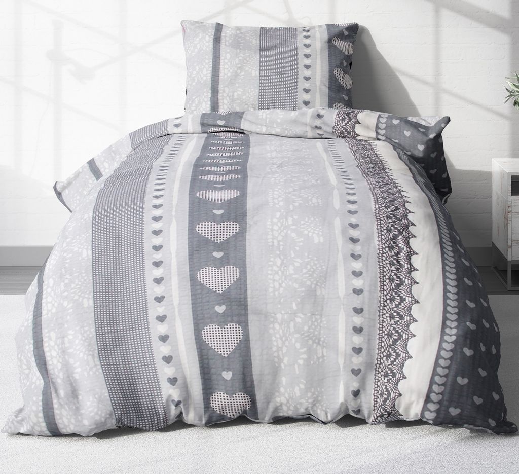 2 tlg 135x200cm Seersucker Bettwäsche (386/2) Love Liebe Herzen Anthrazit, Geschenkidee für Partner - Bettgarnitur aus 100% Baumwolle, bügelfrei