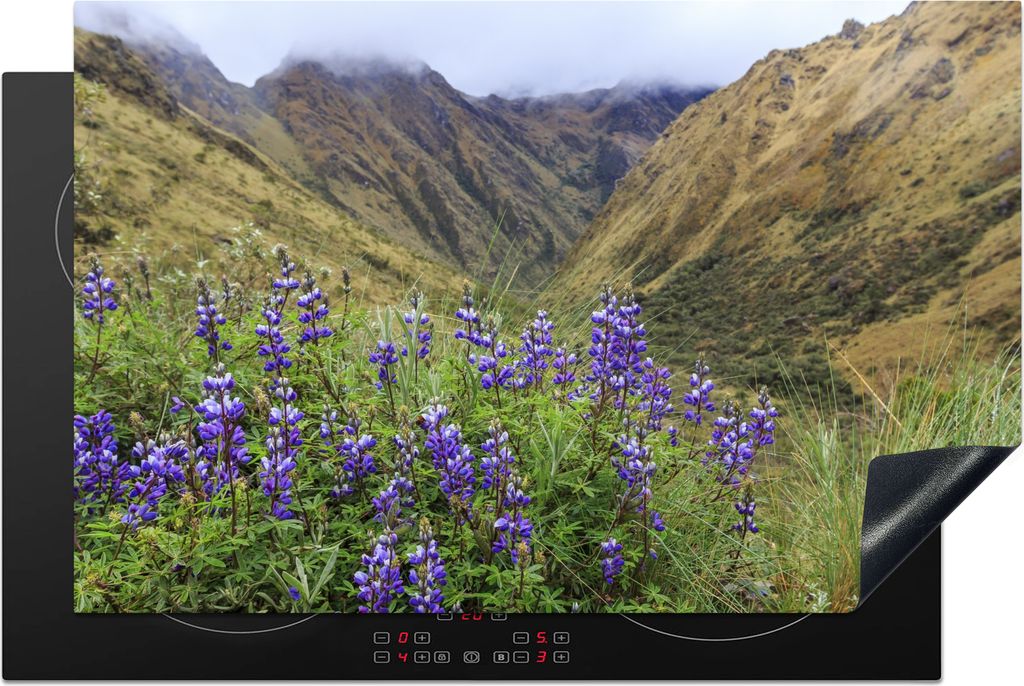 KitchenYeah Herdabdeckplatte Inka-Bergpfad nach Machu Picchu mit lila Blumen Peru , 80x52cm, Küche Deko, Glaskeramikkochfeld Herdabdeckung, Abde...
